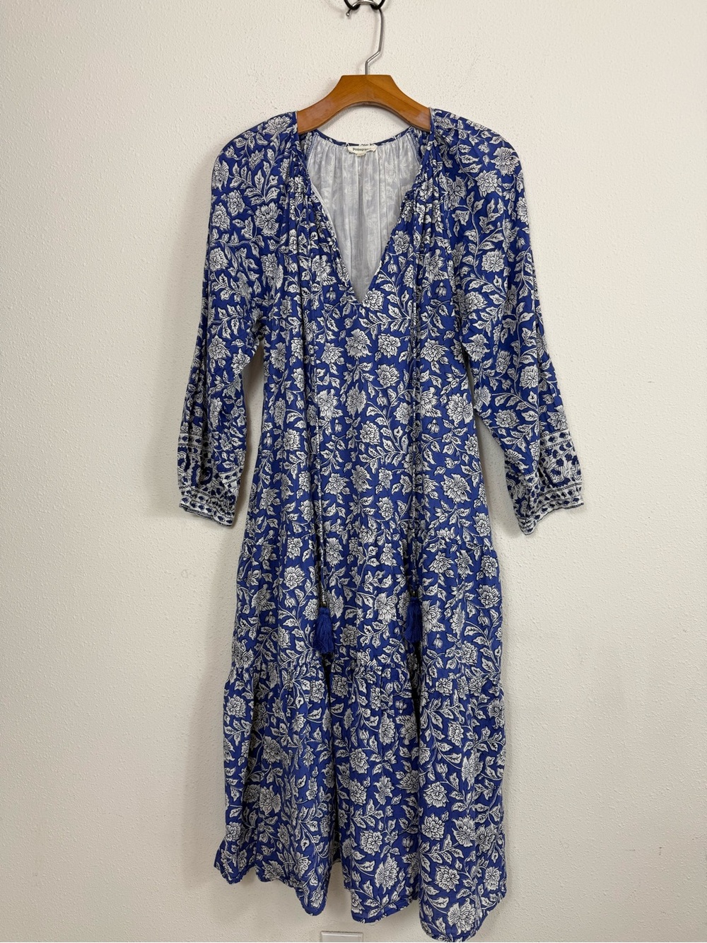 Pomegranate Blue Floral Boho Cotton Midi Dress Tiered V neck Long Sleeve XS